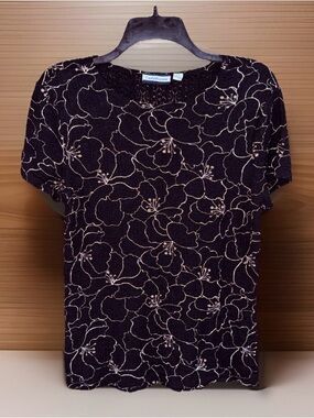 Croft & Barrow Black Short-Sleeve Floral Knit Textured Top - M - EUC